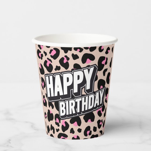 Bold Pink Leopard Happy Birthday Paper Cup (Front)