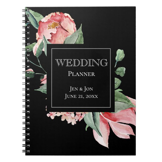 Bold Pink Magnolia on Black Wedding Planner Notebook (Front)