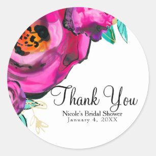 Bold Pink Modern Floral Watercolor Bridal Shower Classic Round Sticker
