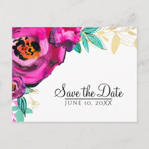 Bold Pink Modern Floral Watercolor Save the Date Announcement Postcard