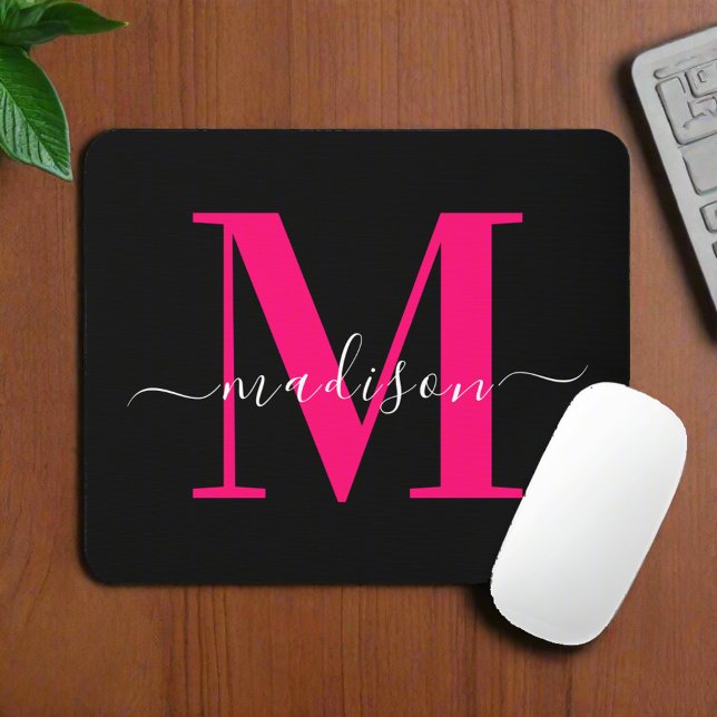 Bold Pink Monogram Initial Typography Black Girly  Mouse Pad (Creator Uploaded)