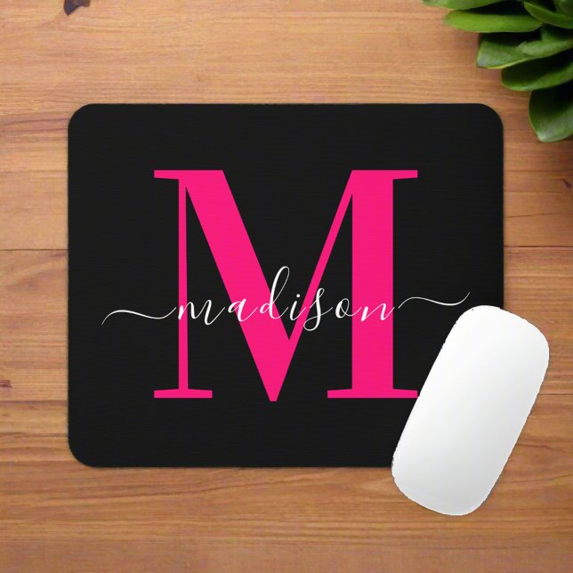 Bold Pink Monogram Initial Typography Black Girly  Mouse Pad (Creator Uploaded)