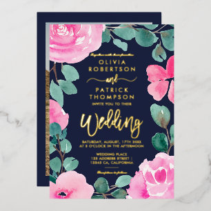 Bold pink navy floral watercolor photo wedding