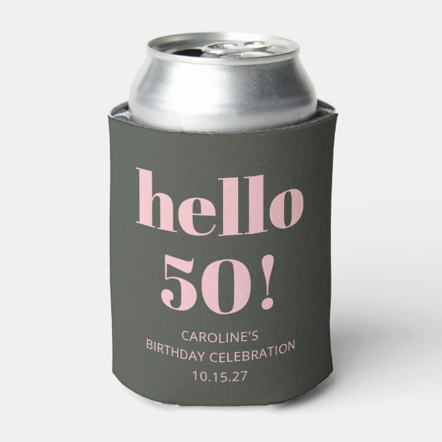 Bold Pink Olive Sage Modern 50th Birthday Party Can Cooler (Can Front)