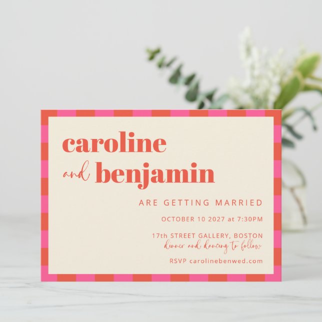 Bold Pink Orange Chequerboard All-in-One Wedding Invitation (Standing Front)