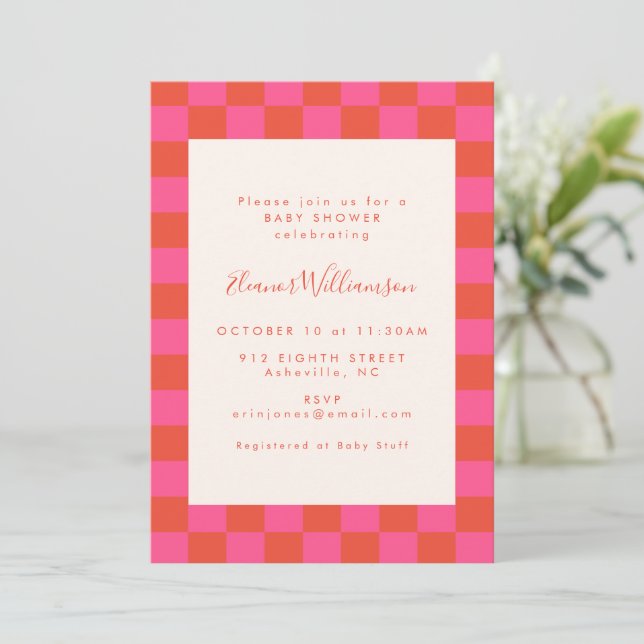 Bold Pink Orange Chequerboard Pattern Baby Shower Invitation (Standing Front)