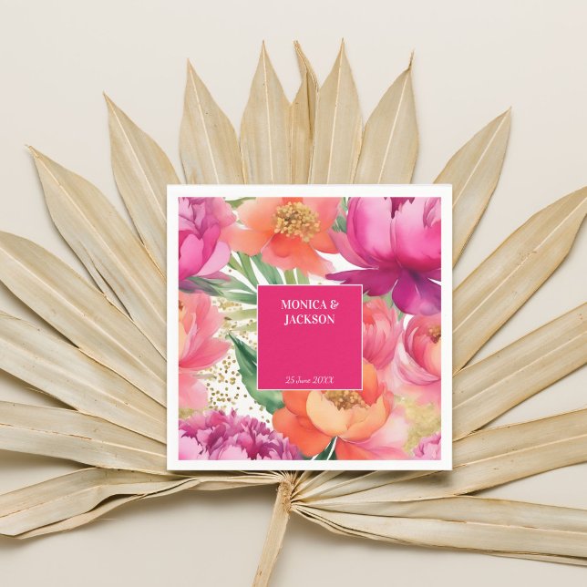 Bold pink orange peony elegant wedding tableware napkin (Bold pink orange peony elegant wedding personalized tableware template napkins bold vibrant colors)