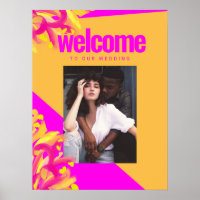 Bold Pink Orange Photo Wedding Welcome Sign