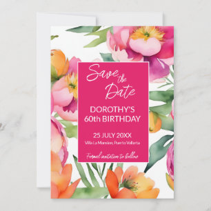 Bold pink orange summer flowers birthday party save the date