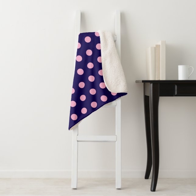Bold Pink Polka Dots on Navy Blue  Sherpa Blanket (In Situ)