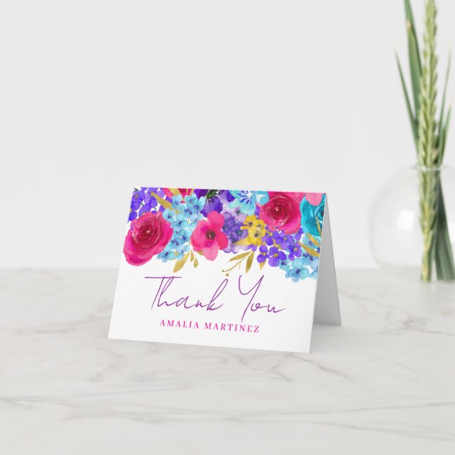 Bold Pink Purple Blue Floral Bridal Shower Photo Thank You Card (Front)