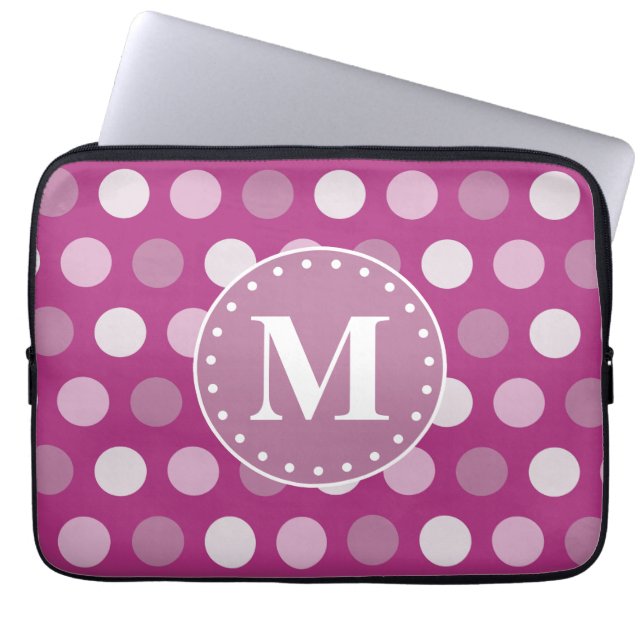 Bold Pink Purple Polka Dots Monogram Laptop Sleeve (Front)