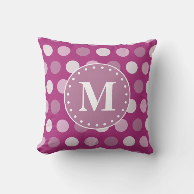 Bold Pink Purple Polka Dots Monogram Throw Pillow (Front)