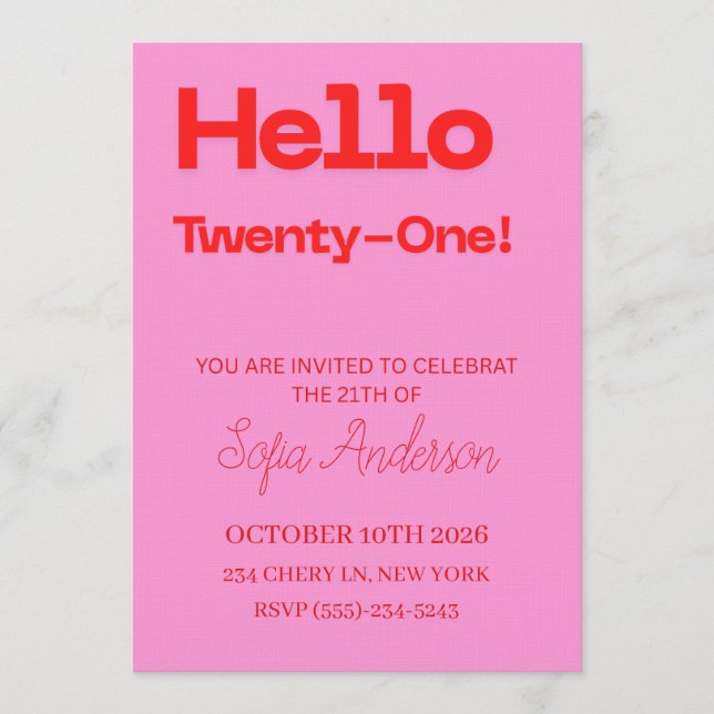 Bold Pink Red 21st Birthday Invite (Front)