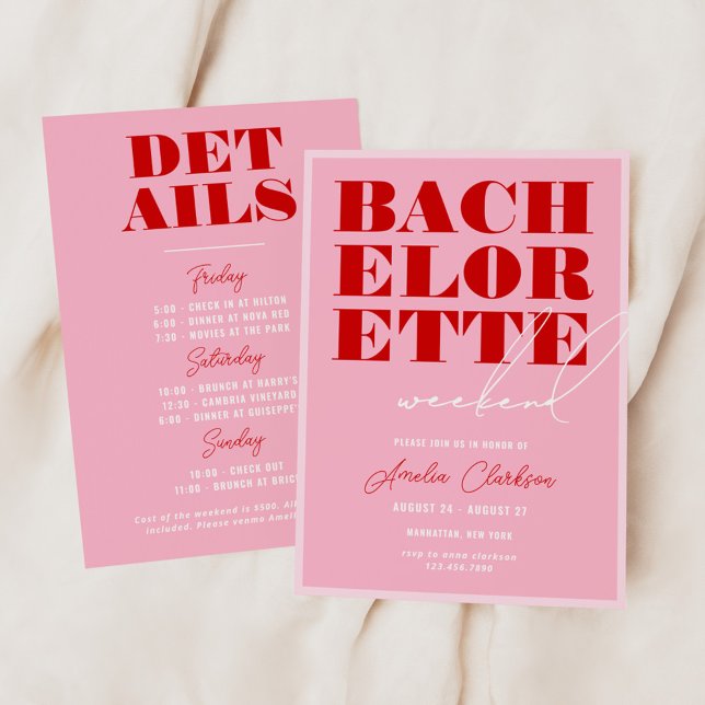 Bold Pink & Red Bachelorette Weekend Invitation (Creator Uploaded)