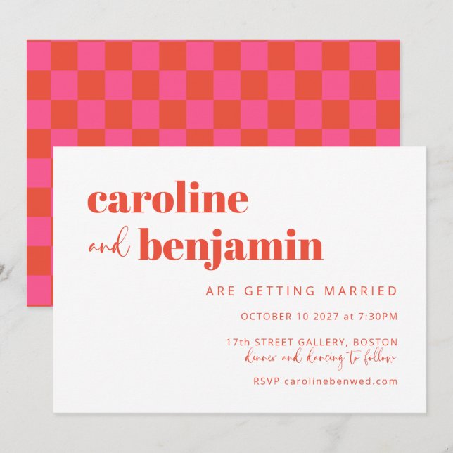 Bold Pink Red Chequerboard All-in-One Wedding Invitation (Front/Back)