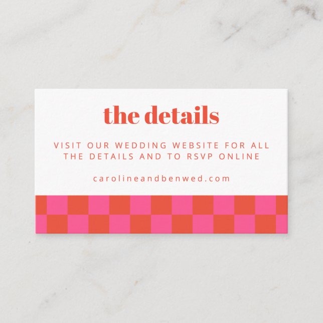 Bold Pink Red Chequerboard Wedding Website QR Code Enclosure Card (Front)