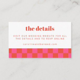Bold Pink Red Chequerboard Wedding Website QR Code Enclosure Card