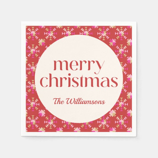 Bold Pink Red Gold Geometric Personalized Name Napkin (Front)