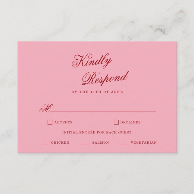 Bold Pink Red Minimalist Script Wedding RSVP Card (Front)