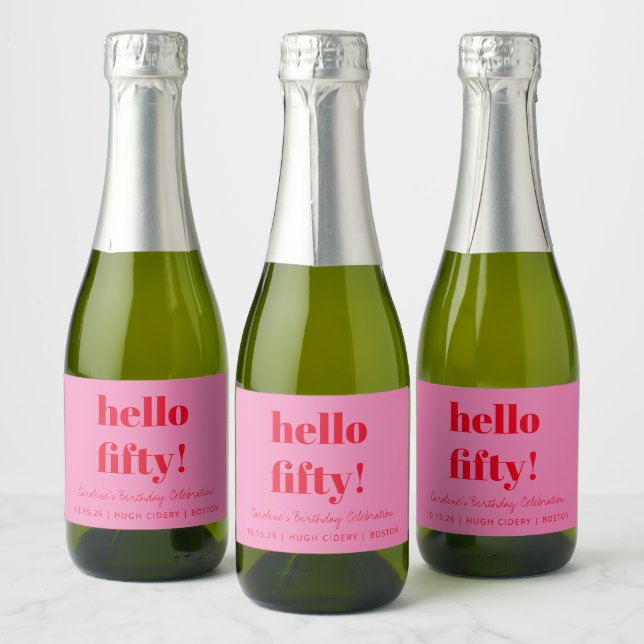 Bold Pink Red Modern 50th Birthday Custom Mini Sparkling Wine Label (Bottles)