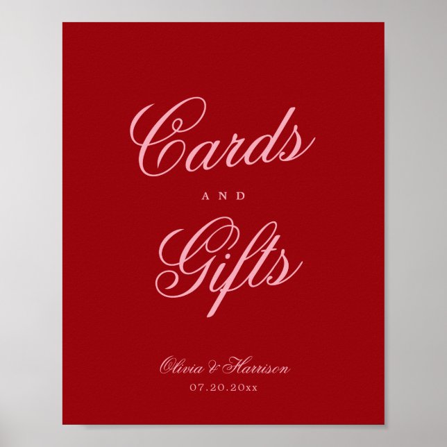 Bold Pink Red Script Cards Gifts Table Sign (Front)