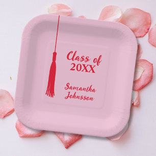 Bold Pink & Red Tassel Personalized Graduation  Paper Plate