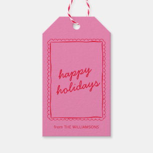 Bold Pink Red Whimsical Border Happy Holidays Gift Tags