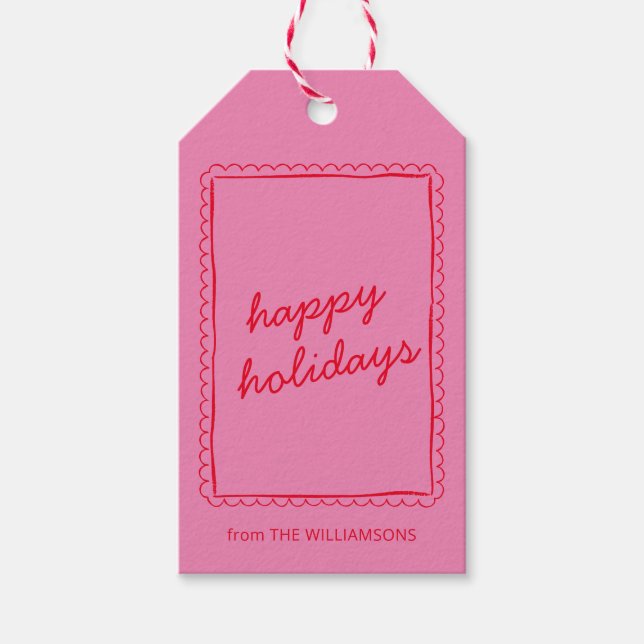 Bold Pink Red Whimsical Border Happy Holidays Gift Tags (Front)