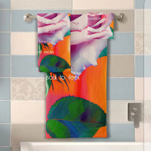 Bold Pink Rose in Bloom Poem Bohemian Artsy Bath Towel Set