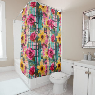 Bold Pink Rose Sunflower Plaid in Magenta & Teal