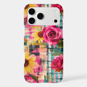 Bold Pink Rose Sunflower Plaid in Magenta & Teal