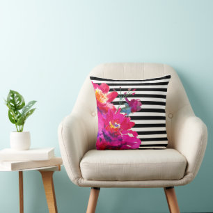 Bold Pink Watercolor Floral Black White Stripe Throw Pillow