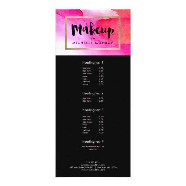Bold Pink Watercolors Makeup Artist Rack Card (Front)