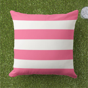 Bold Pink White Wide Horizontal Stripe Outdoor Pillow