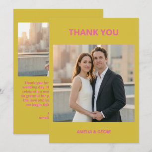 Bold Pink Yellow Photo Wedding Modern Colorful Thank You Card