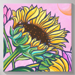 Bold Pink Yellow Summer Sunflower Looking Up Canvas Photo Tile