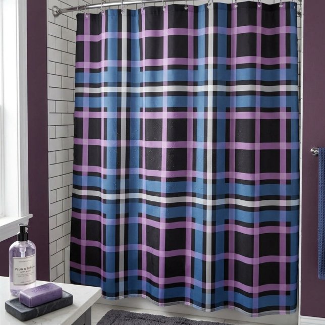 Bold Plaid Shower Curtain – Blue, Lavender & Black (Creator Uploaded)
