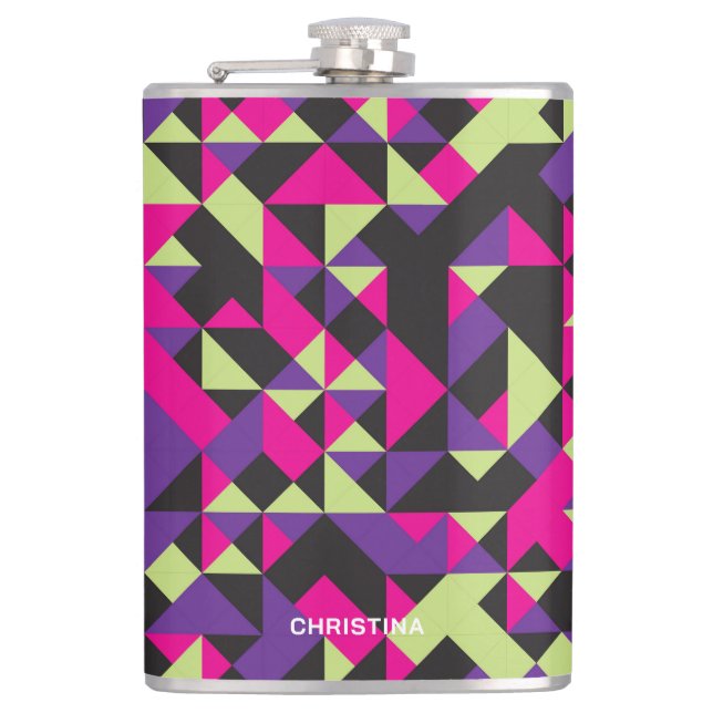 Bold & Playful Modern Geometric Pattern With Name Hip Flask (Front)