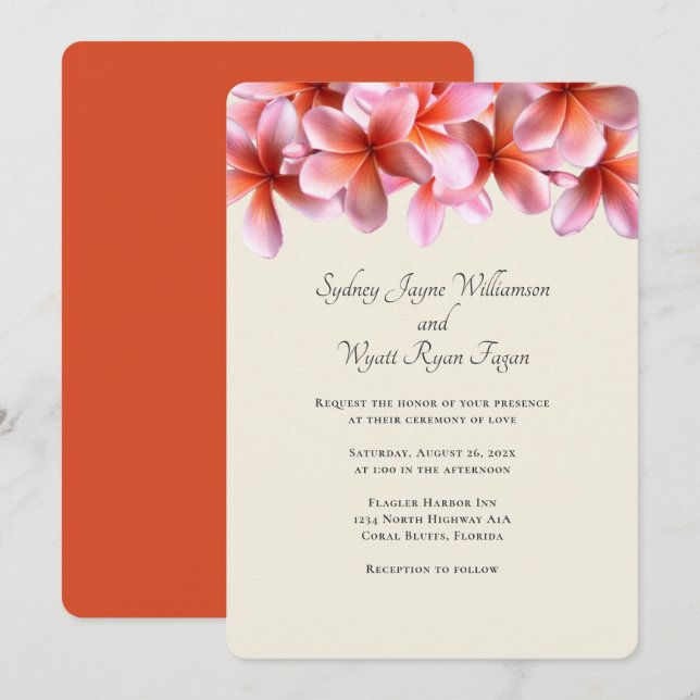 Bold Plumeria Floral Border Simple Wedding Invitation (Front/Back)