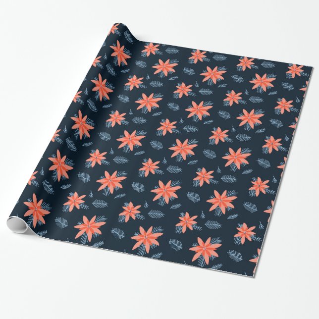 Bold poinsettia flower on navy background holiday wrapping paper (Unrolled)