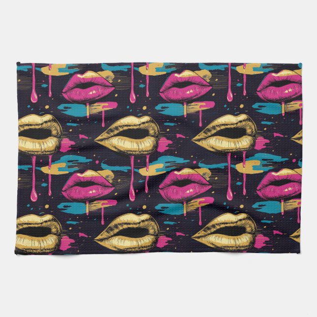Bold Pop Art Lips Pattern with Vibrant Drips  Kitchen Towel (Horizontal)