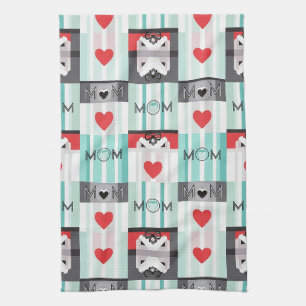 Bold Pop Art Mom with Retro Hearts & Stripes Kitchen Towel