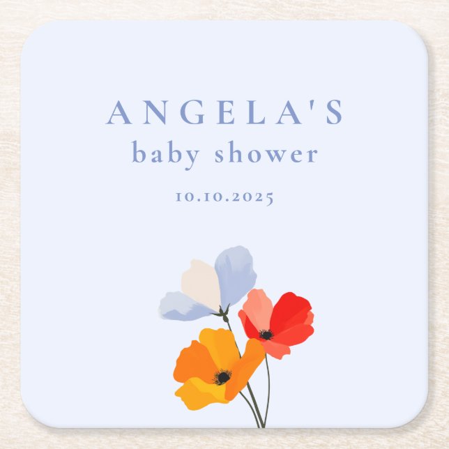 Bold Poppy Floral Baby Shower Square Paper Coaster (Front)