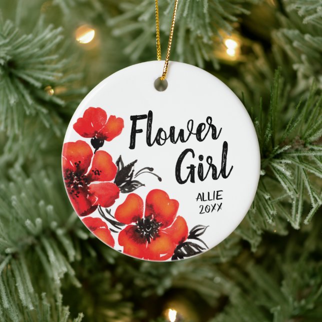 Bold Poppy Flowers Personalized Flower Girl Name Ceramic Ornament (Tree)