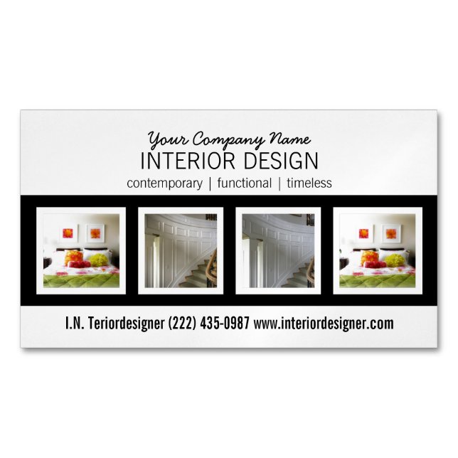 Bold Professional Interior Designer with Photos Magnetic Business Card (Front)