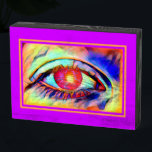 Bold Psychedelic Pop Art Eyes like a Flame Wooden Box Sign<br><div class="desc">A personal favourite is this cool pop art design featuring a psychedelic eye that is burning with vivid colours and seems like there is a flame in the pupil with an orange frame and a purple background. This makes a cool small art addition to your gallery wall or as cool...</div>