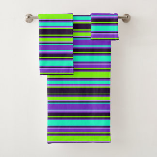 Bold Purple, Aqua, & Chartreuse Striped Towel Set