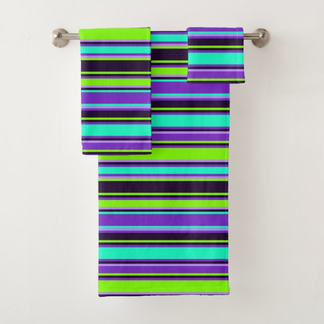Bold Purple, Aqua, & Chartreuse Striped Towel Set (Insitu)