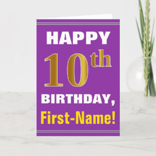 Bold, Purple, Faux Gold 10th Birthday w/ Name Card